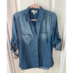 Cloth & Stone Womens Top Shirt Blue Chambray Roll Tab Sleeve Size L